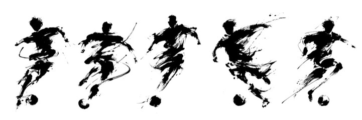Abstract soccer player silhouette in dynamic grunge brush stroke style with bold ink splatter motion effect