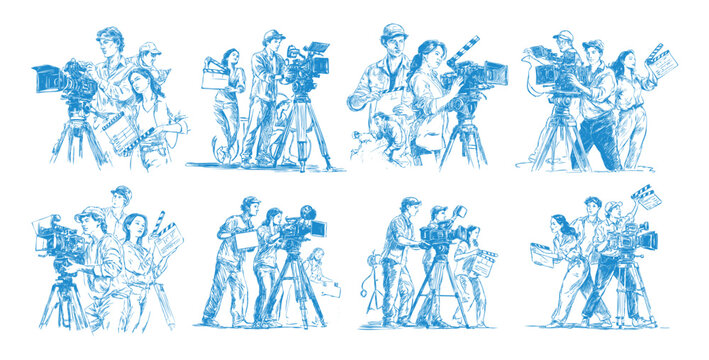 Film production crew characters color ink sketch vector set. Group portrait movie camera operator holding clapperboard cinematography industry professionals filming equipment collection