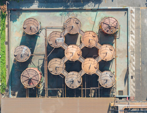 Aerial View of Industrial Storage Tanks and Connecting Walkways