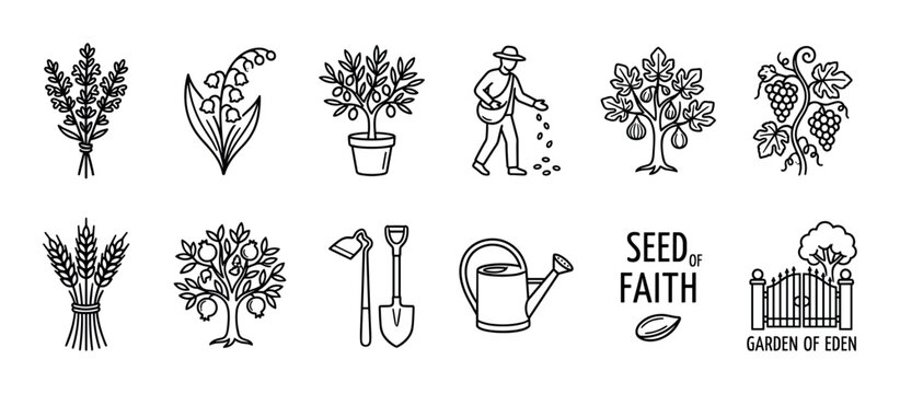 Set of black line art icons depicting gardening, farming, and biblical themes like the Garden of Eden, a sower, and a seed of faith, isolated on a white background