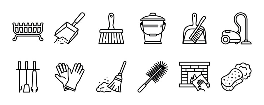 Set of cleaning and fireplace maintenance icons featuring a broom, vacuum, gloves, dustpan, and chimney tools in a minimalist black line art style isolated on white