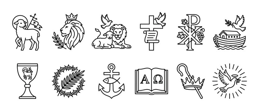 Collection of Christian religious symbols icons in a clean black line art style, including the lamb, lion, cross, dove, ark, and Chi-Rho, isolated on a white background