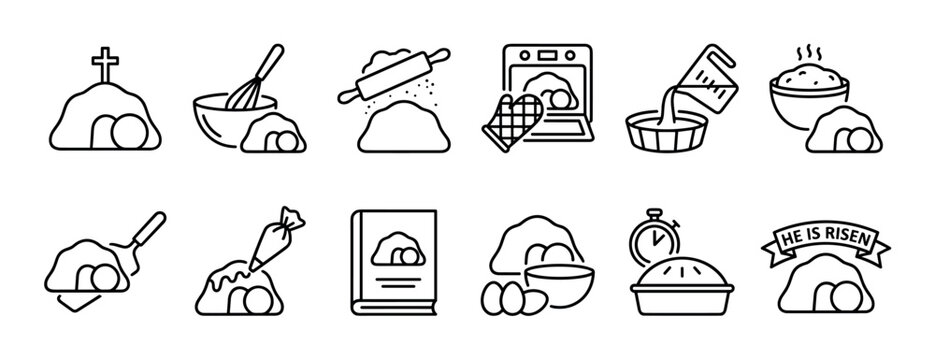 Set of black line art icons combining Easter resurrection themes with baking symbols, featuring the empty tomb as risen bread, a cross, dough, and an oven on a white background