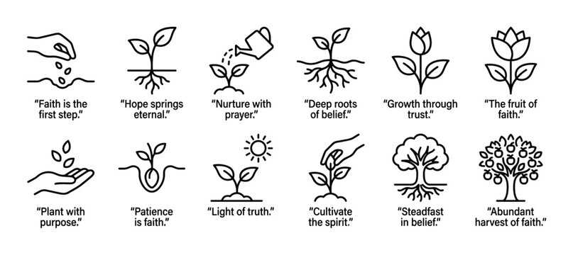 Set of twelve spiritual growth icons using a plant metaphor from seed to fruit tree with inspirational faith quotes, presented in a clean line art style isolated on white