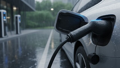 Electric car charging in rainy weather