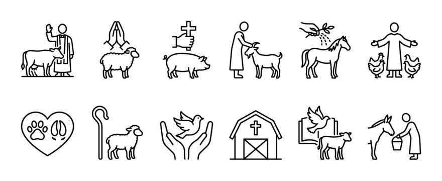 Blessing of animals religious line icon set showing Christian faith concepts like prayer, care, and pastoral symbols with farm livestock like sheep, cows, and pigs, isolated on white