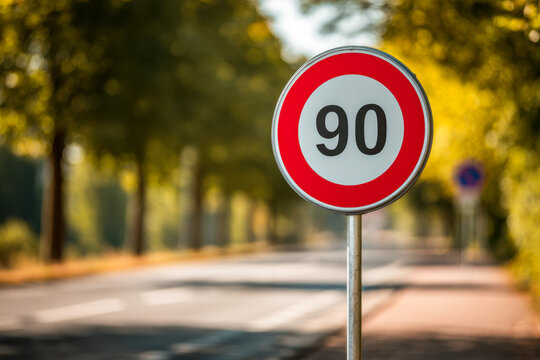 Speed limit sign showing 90 kilometers per hour on a tree-lined road with autumn foliage and a sunny background in a peaceful rural setting