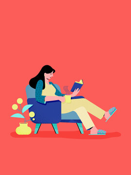 Woman relaxing at home reading book drinking coffee