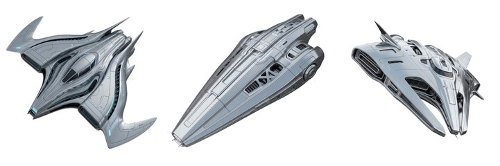 Set and collection of futuristic metallic spaceships and advanced sci-fi aircraft isolated on white transparent png background © fixa