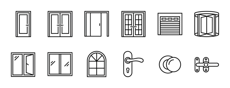 Set of door and window line icons showing various types of entrances, openings, and hardware for architectural or construction concepts, isolated on a white background