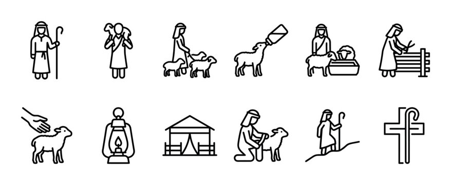 Shepherd and lamb religious line icon set depicting biblical stories of faith, care, guidance, and pastoral life with a cross and crook symbol, isolated on a white background
