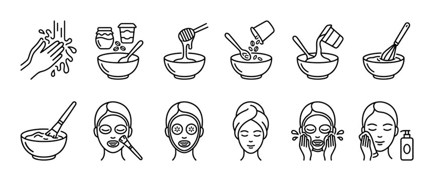 Facial mask application steps line icon set showing a homemade beauty routine from mixing ingredients to washing the face, a vector illustration for skincare instructions on a white background