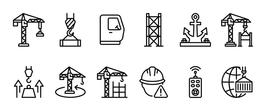 Set of crane and construction line icons for industrial and logistics themes, featuring tower cranes, hooks, safety helmets, and global shipping symbols, isolated on white background