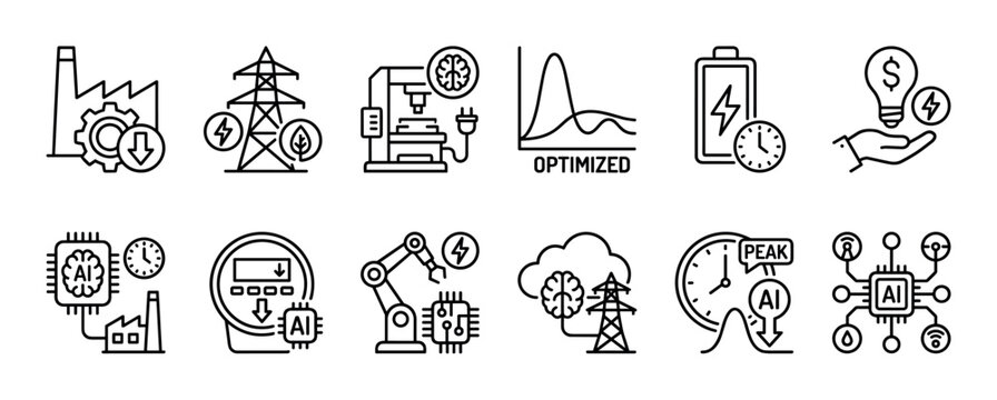 Set of thin line art icons representing energy optimization, smart grid technology, industrial automation, and artificial intelligence concepts, isolated on a white background