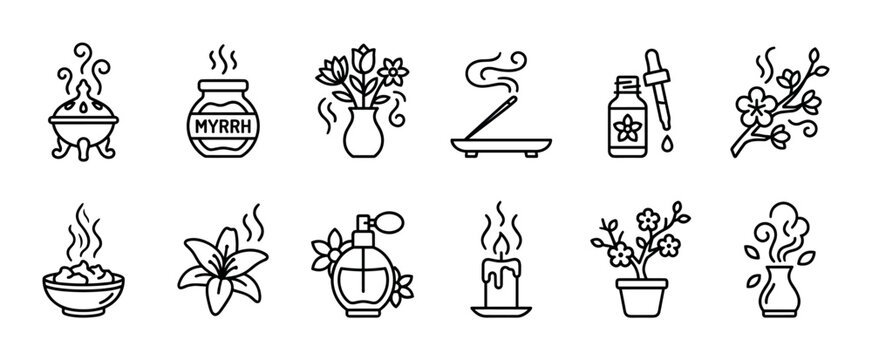 Set of black line art icons representing aromatherapy, fragrance, and wellness concepts, including incense, essential oil, perfume, candle, and flowers, isolated on a white background