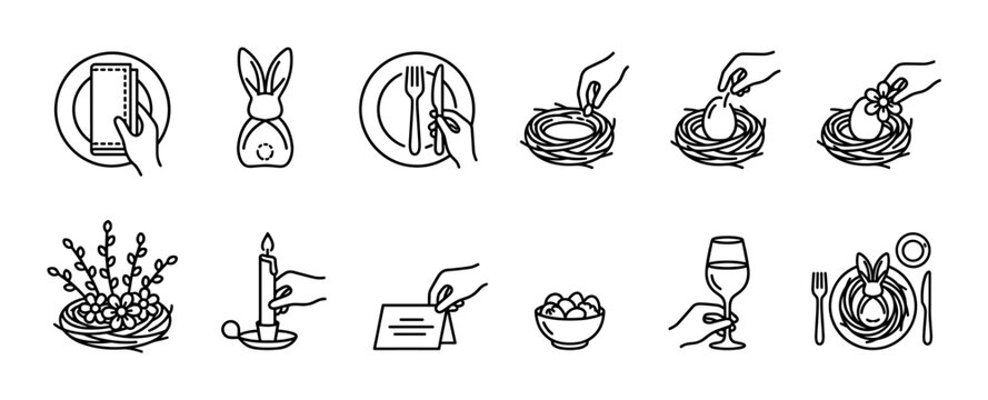 Set of twelve black line icons for Easter table setting and spring celebration, including bunny, egg, nest, and dinnerware elements, isolated on a white background