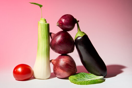 Still Life with an Eggplant, Onions, Leek, Tomato, and Green Leaves.