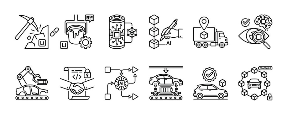 Set of black line art icons illustrating the electric vehicle battery supply chain, from lithium mining and robotic manufacturing to AI logistics and blockchain traceability, isolated on white