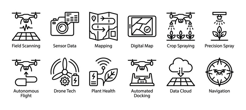Agricultural drone technology line icon set for smart farming, illustrating field scanning, mapping, crop spraying, and autonomous flight in a minimalist vector style isolated on white