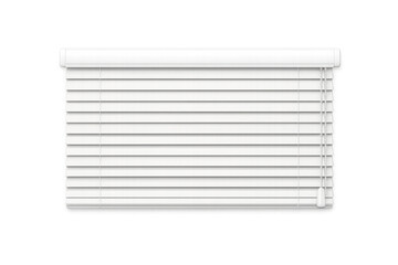 Clean white horizontal window blinds with pull cord, isolated on a white background