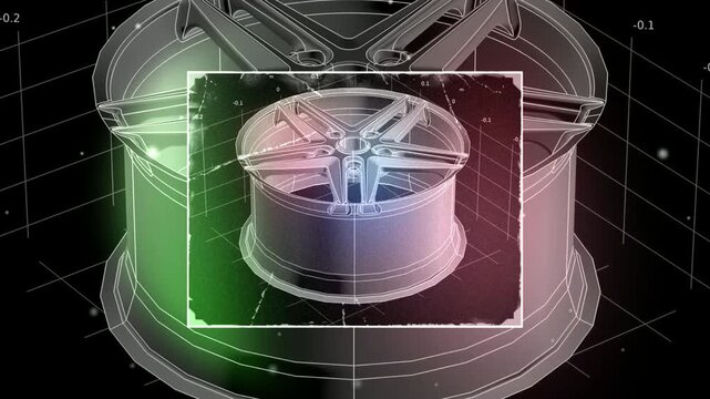 Video animation of car wheel disc. Computer 3d modeling, investigation of parameters of steel mechanical part using computer-aided design system. Animated motion effect, screensaver. Technic drawing. 