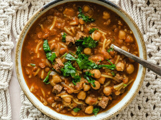 Traditional Moroccan Ramadan dish Harira soup with chickpeas and herbs