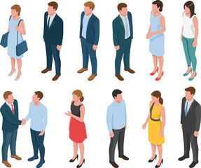 Obraz premium Diverse Business People Character Set Vector Illustration with Men and Women Standing and Handshake Interaction Isolated on White Background