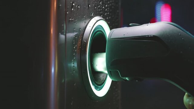 Light ring on payment terminal at night in busy city with blurred background and rain on the surface