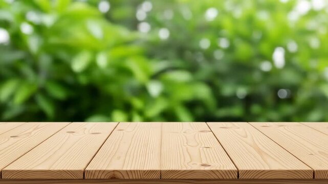 A light brown wooden tabletop with a blurred green leafy background
