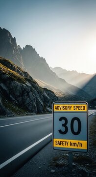 Scenic Mountain Road with Advisory Speed Sign Under Sunlit Sky, Promoting Safe Driving