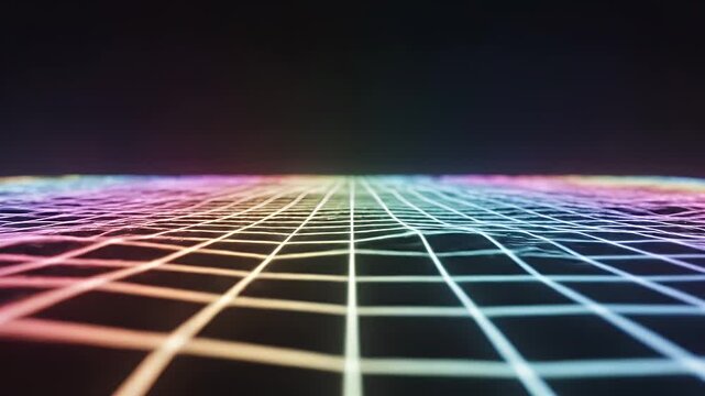 A glowing, colorful grid perspective against a dark background, suggesting depth and data