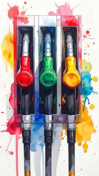 Three colorful gas pump nozzles with paint splatters, vertical shot