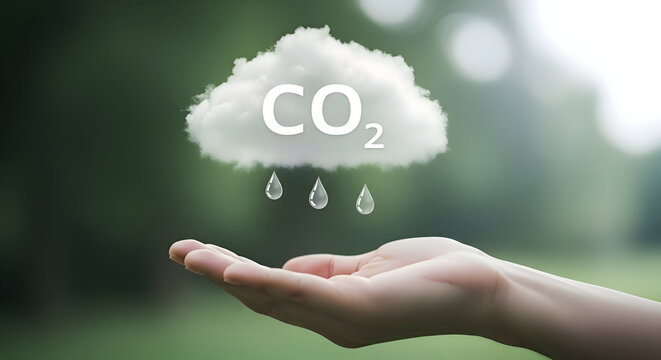 Hand holding a cloud with C O2 text and falling water drops carbon dioxide rain