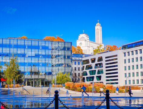 Kaunas in autumn. Christ's Resurrection Basilica, Unity square and BLC - Business Leaders Center