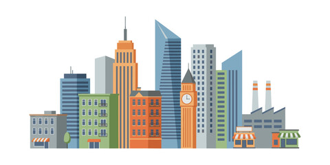 Fototapeta premium Modern urban city skyline featuring skyscrapers, a clock tower landmark, residential blocks, retail stores, and an industrial factory
