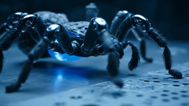 Close-up of a robotic spider model.