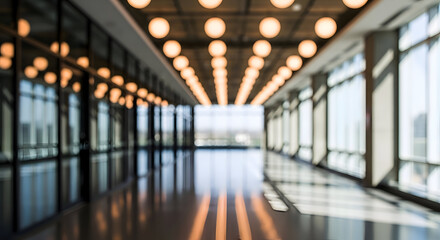 Long, bright hallway with rows of lights and large windows corridor interior