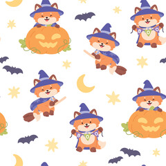 Obraz premium Halloween fox seamless pattern. Funny animal in witch costume with pumpkin and flying on broom. Childish print for textile, wallpaper, racy vector background