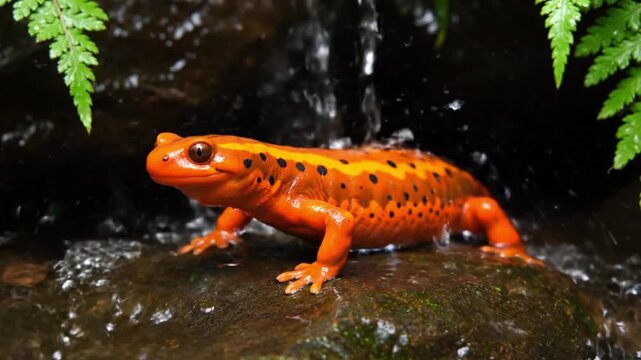 Red salamander in vibrant natural setting with soft lighting on mossy rock for wildlife conservation