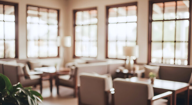 Blurred interior of a cozy lounge area with large windows and seating blurred, interior, lounge, cozy, seating