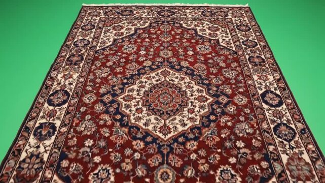 Traditional Persian rug with floral pattern in rich red and blue hues on green background for interior design