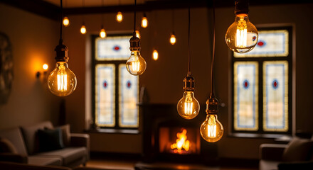 Obraz premium Cozy Living Room with Fireplace and Edison Bulb Chandeliers interior