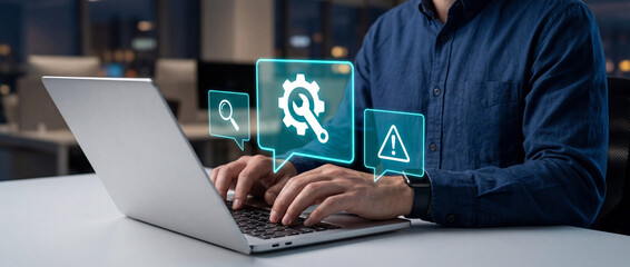 Online IT customer support. Remote help desk chat for technical support. Businessman using laptop computer to provide troubleshooting support.