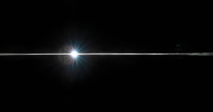 Anamorphic lens flare burst in slow motion, isolated on black background. Cinematic light streaks and optical reflections, ideal for VFX compositing, overlays, sci-fi transitions and film effects.