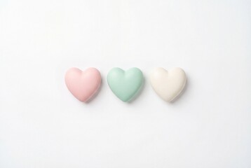 Fototapeta premium Three pastel ceramic hearts on white background flat lay