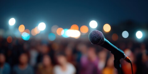 Obraz premium Microphone on stage with blurred festival crowd and vibrant lights