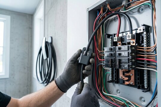 Close-up low-angle shot of a home electrical panel with an electrician connecting a smart energy monitor clamp to a cable in a modern garage setting with an EV charger visible in the background