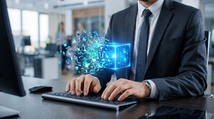 Online IT customer support. Remote help desk chat for technical support. Businessman using laptop computer to provide troubleshooting support.