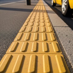 Fototapeta premium Tactile Paving Guide Path Along City Street with Textured Surface and Yellow Color