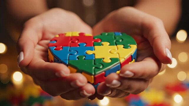 Hands holding colorful heart puzzle against warm bokeh background